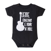 Body Bebê Leite Fraldas e Rock n Roll Preto