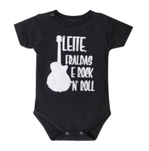 Body Bebê Leite Fraldas e Rock n Roll Preto